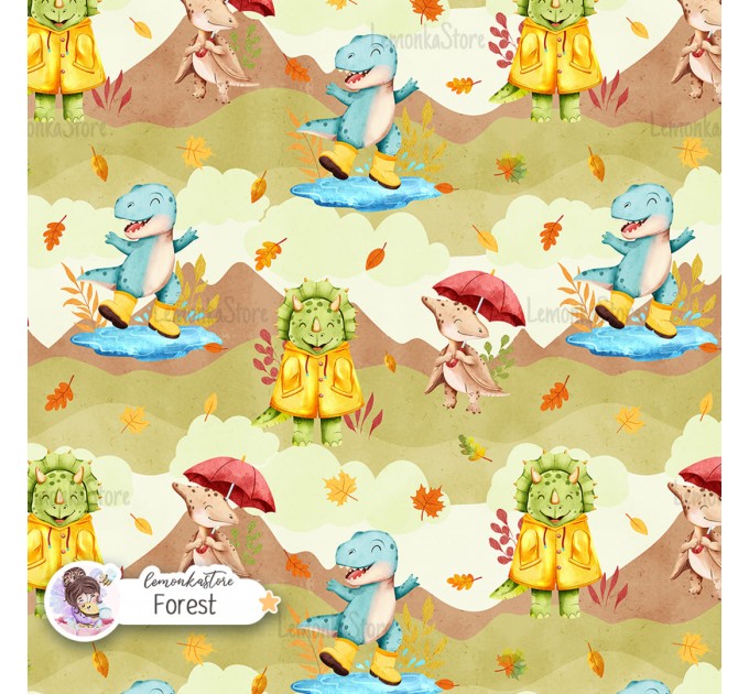 Autumn Dinos seamless pattern design - Forest