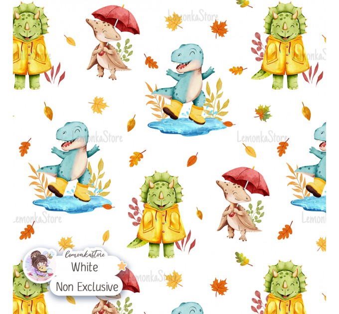 Autumn Dinos seamless pattern design - White  [Non Exclusive]
