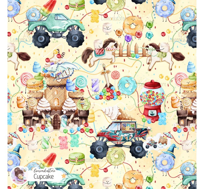 Candy Land  - Middle Ages exclusive seamless pattern - Cupcake