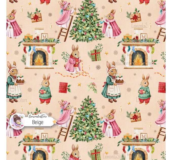 Christmas Rabbit Family seamless pattern design - Beige