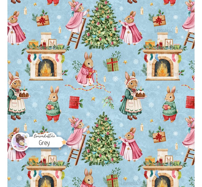 Christmas Rabbit Family seamless pattern design - Grey
