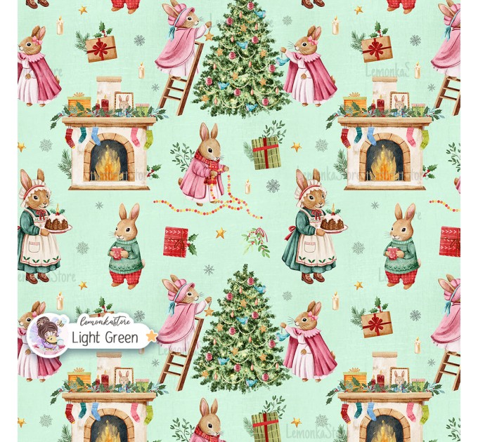 Christmas Rabbit Family seamless pattern design - Light Green