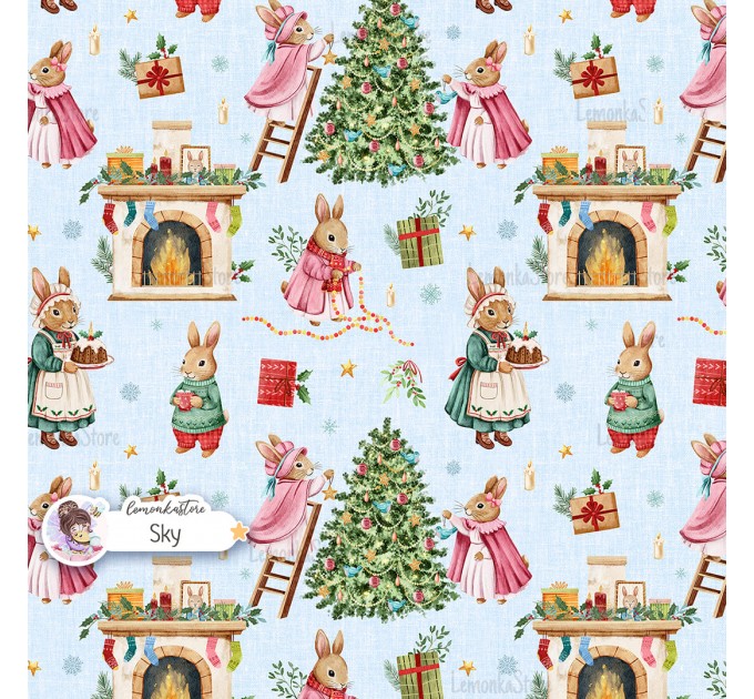 Christmas Rabbit Family seamless pattern design - Sky