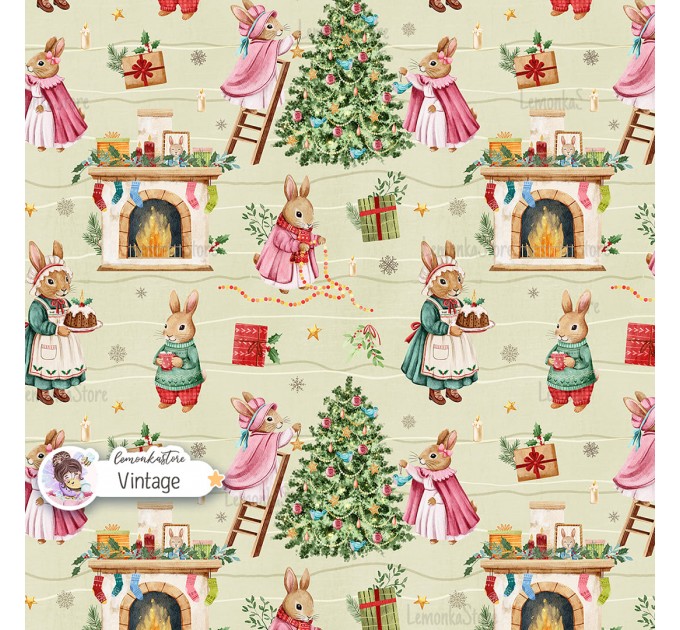 Christmas Rabbit Family seamless pattern design - Vintage