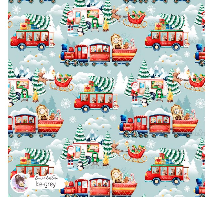 Christmas Vehicles exclusive seamless pattern - Ice grey