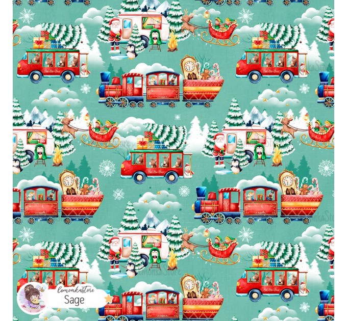 Christmas Vehicles exclusive seamless pattern - Sage