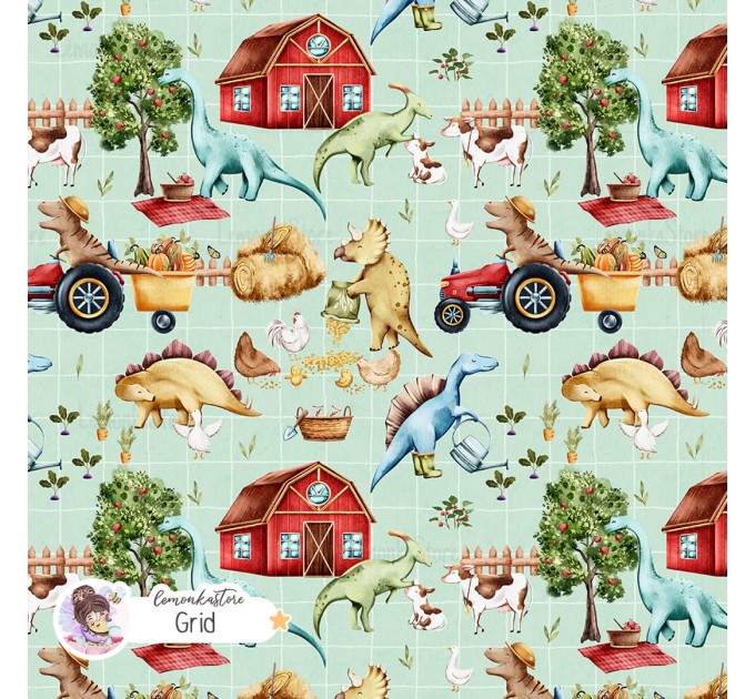 Dino on the farm seamless pattern - Grid