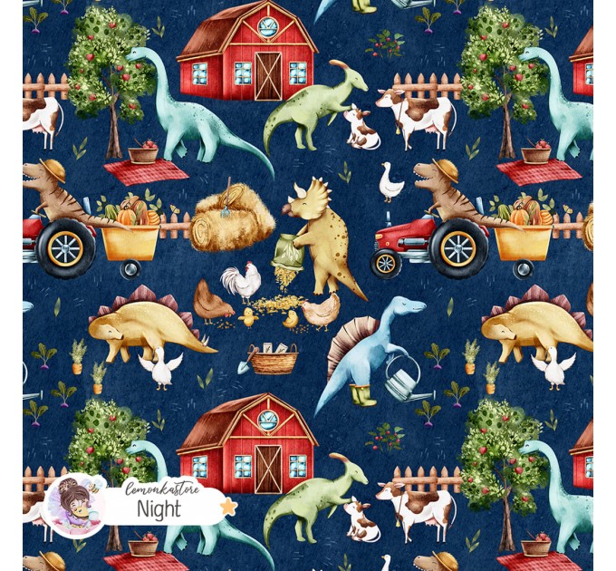 Dino on the farm seamless pattern - Night