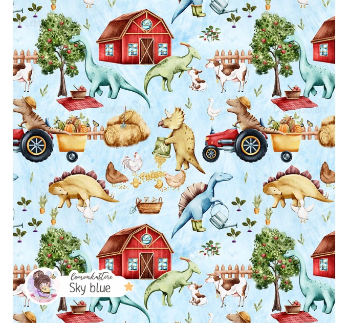 Dino on the farm seamless pattern - Sky blue