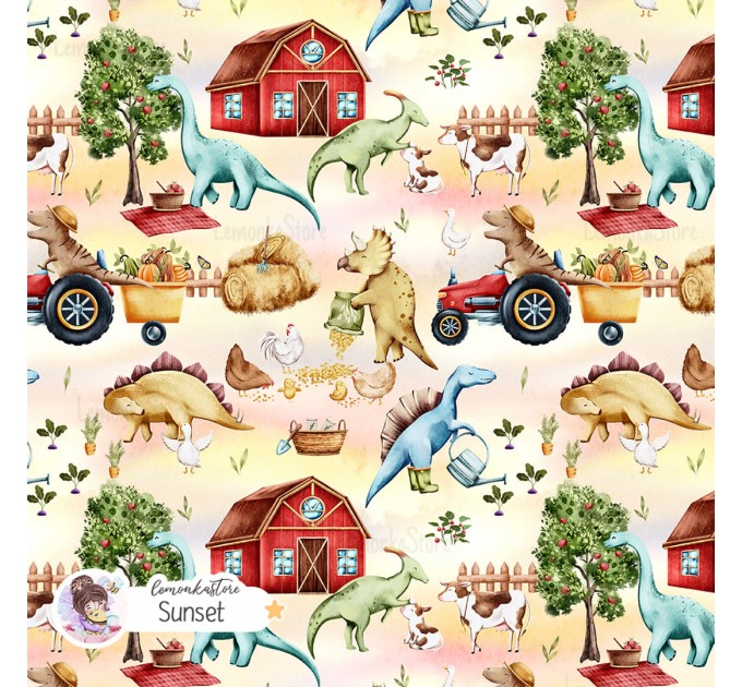 Dino on the farm seamless pattern - Sunset