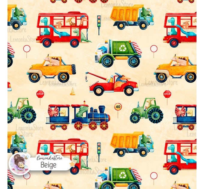 Dino Vehicles exclusive seamless pattern - Beige