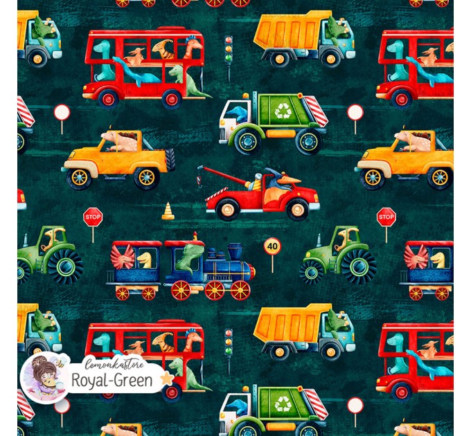 Dino Vehicles exclusive seamless pattern - Royal Green