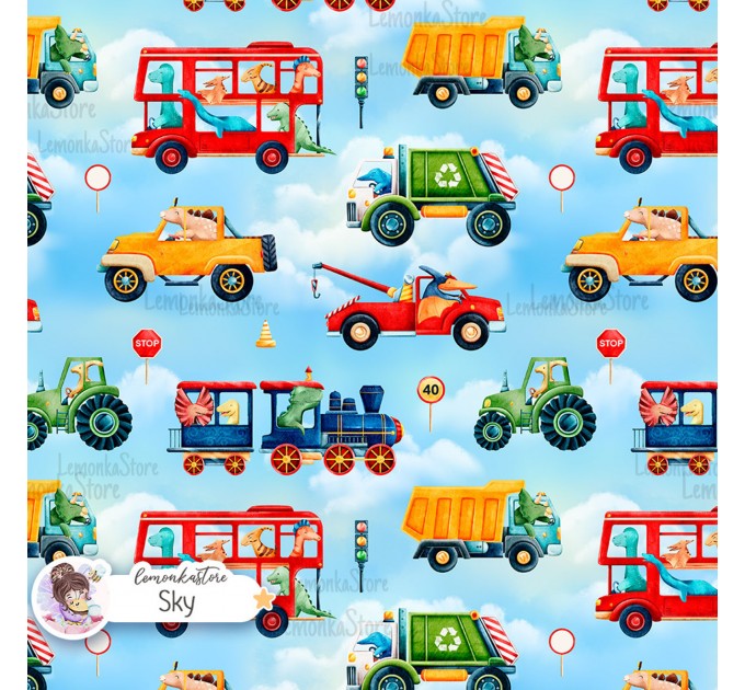 Dino Vehicles exclusive seamless pattern - Sky