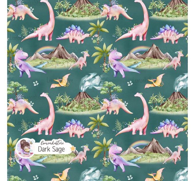 Dinosaurs-Girly exclusive seamless pattern - Dark Sage