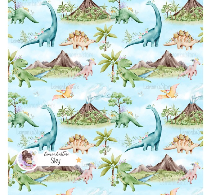 Dinosaurs-Girly exclusive seamless pattern - Sky