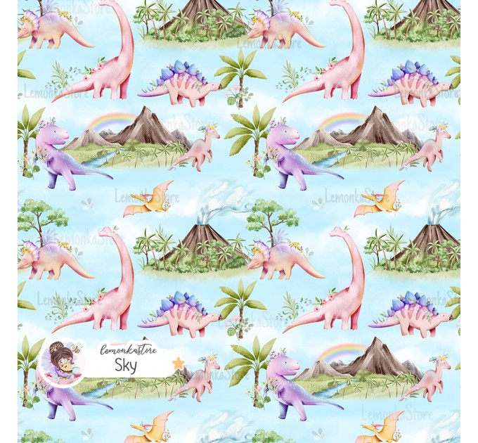 Dinosaurs-Girly exclusive seamless pattern - Sky