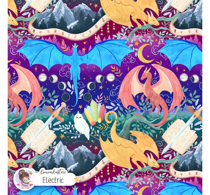 Dragons Fantasy seamless pattern design - Electric