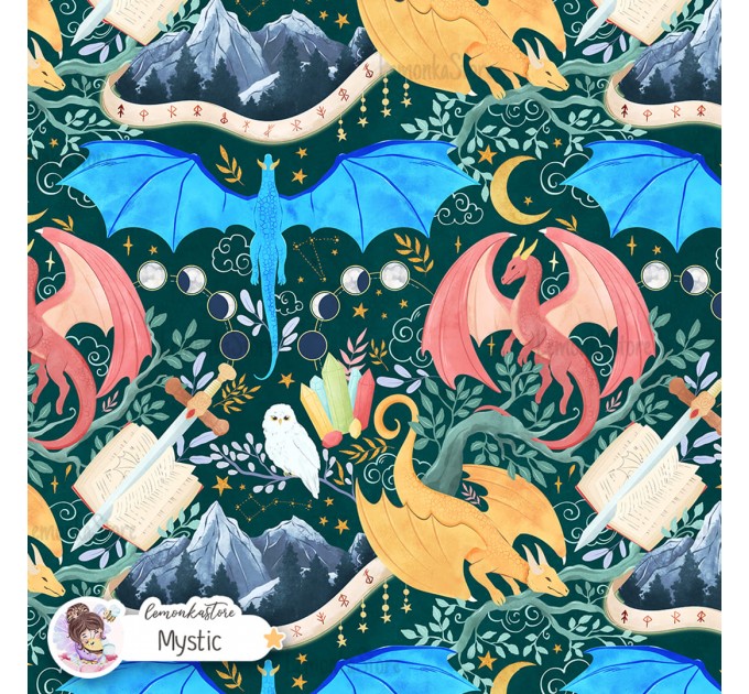 Dragons Fantasy seamless pattern design - Mystic