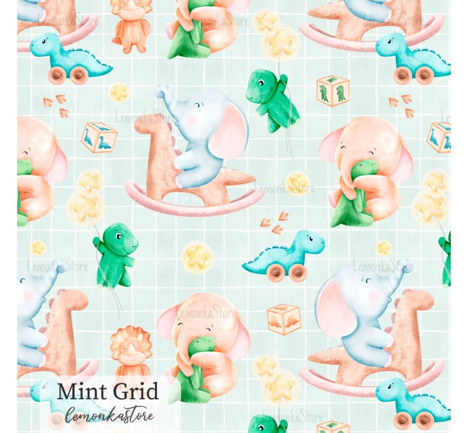 Elephants and dino toy exclusive seamless pattern - Mint Grid