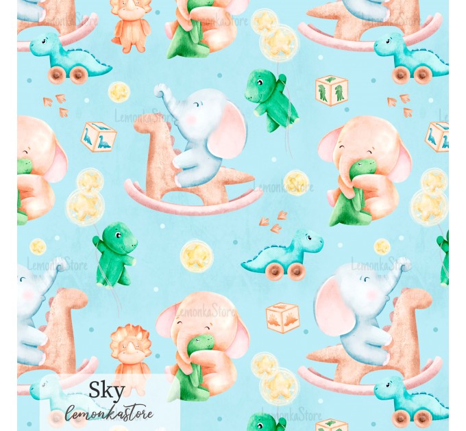 Elephants and dino toy exclusive seamless pattern - Sky