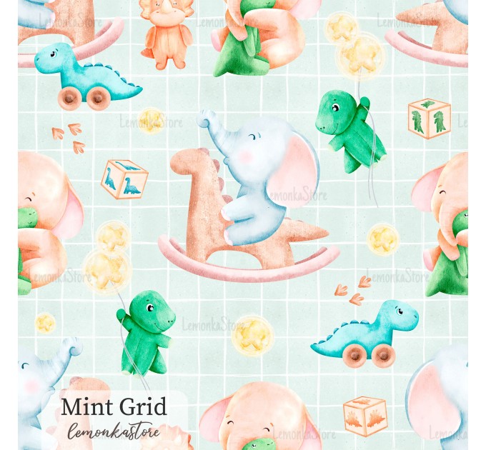 Elephants and dino toy exclusive seamless pattern - Mint Grid