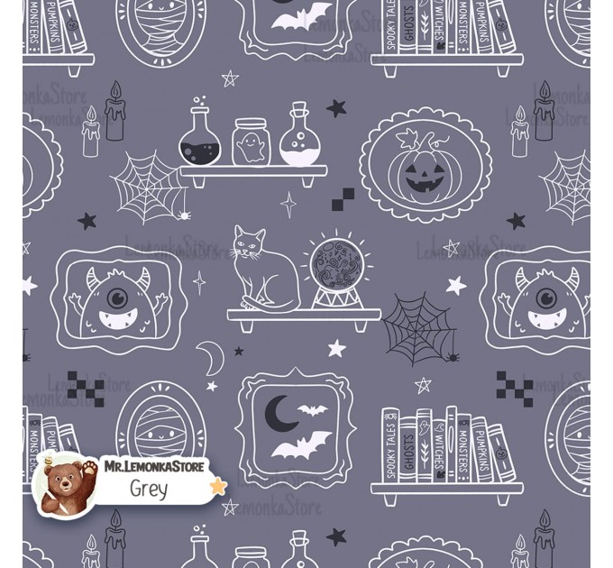 Halloween Lineart exclusive seamless pattern - Grey