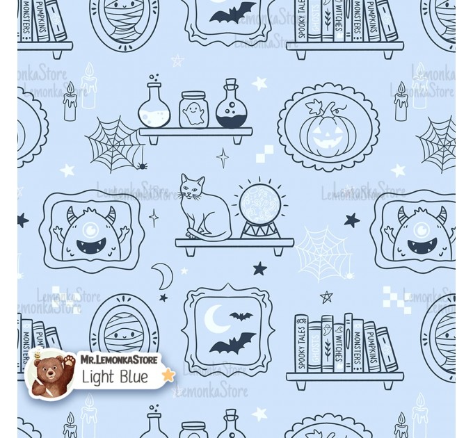 Halloween Lineart exclusive seamless pattern - Light Blue