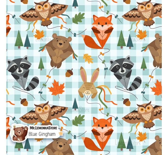 Kite animals exclusive seamless pattern - Blue Gingham