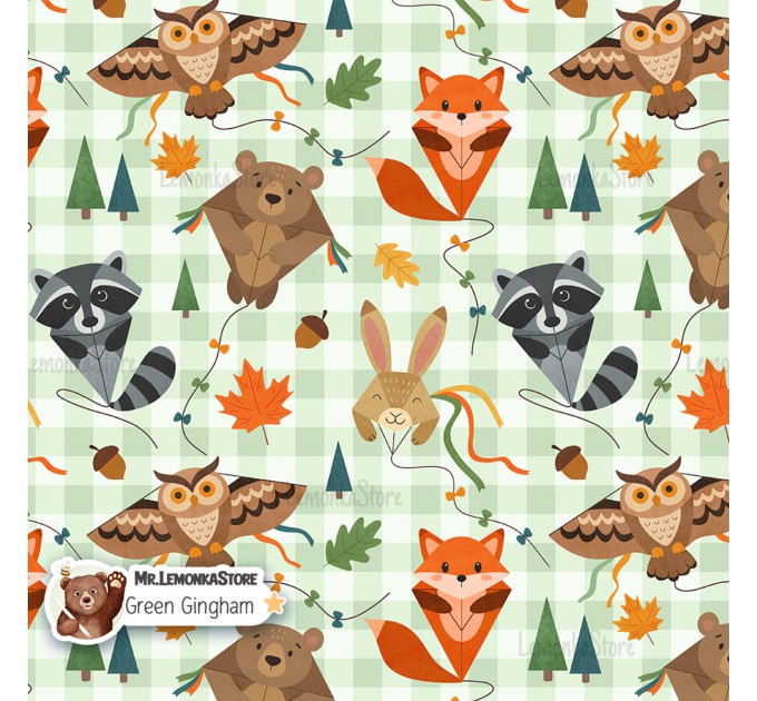 Kite animals exclusive seamless pattern - Green Gingham