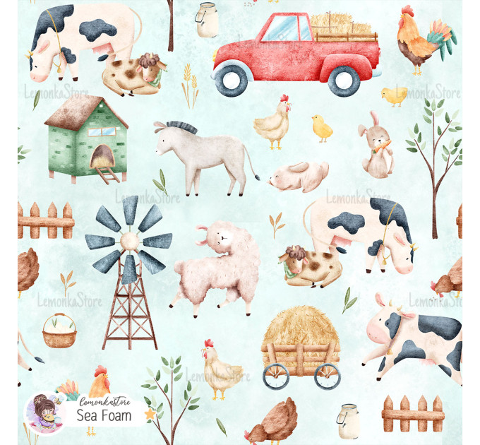 Little Farm exclusive seamless pattern - Sea foam