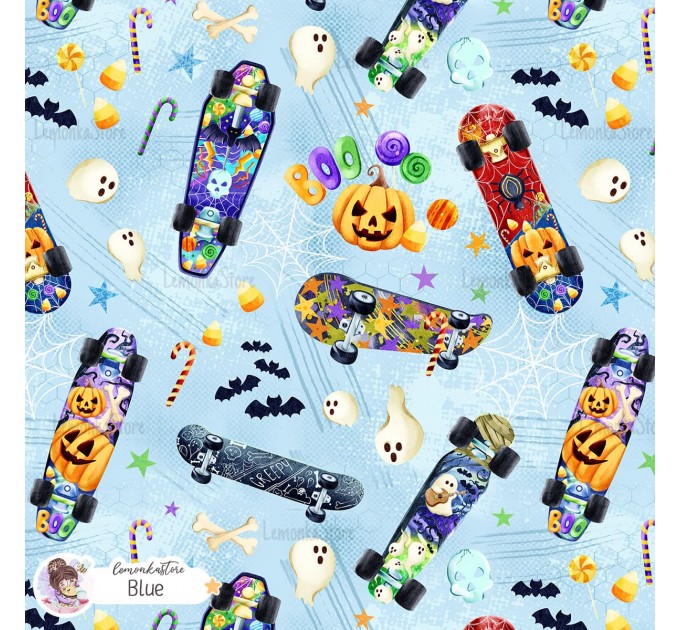 Spooky Skateboard exclusive seamless pattern - Blue