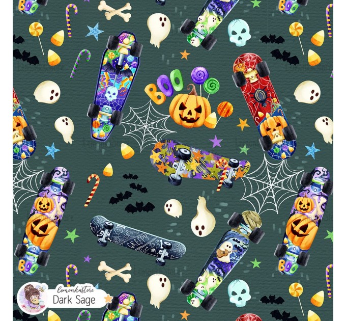 Spooky Skateboard exclusive seamless pattern - Dark Sage