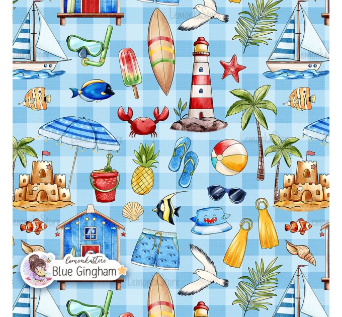 Summer Vibe (Boyish) exclusive seamless pattern - Blue Gingham