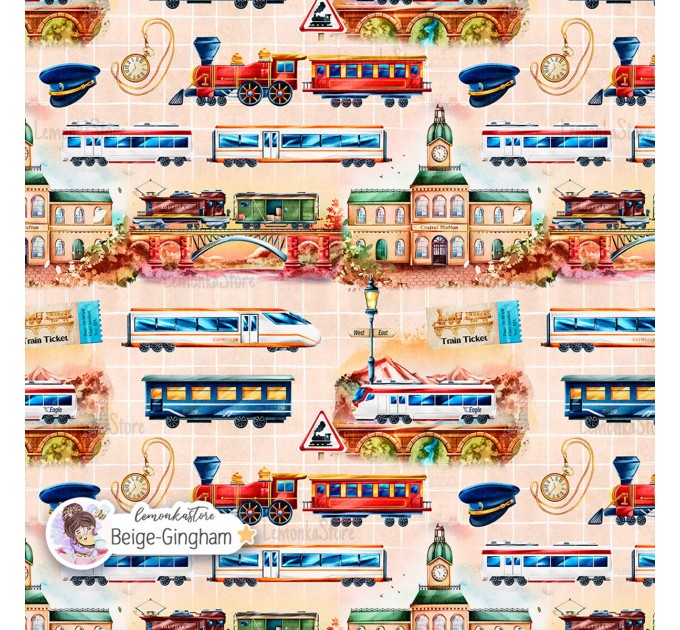 Trains exclusive seamless pattern - Beige Gingham