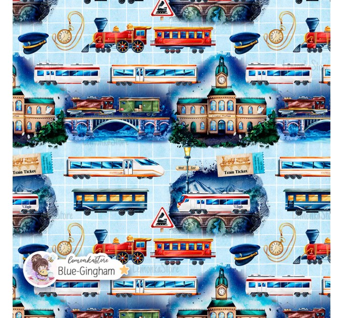 Trains exclusive seamless pattern - Blue Gingham
