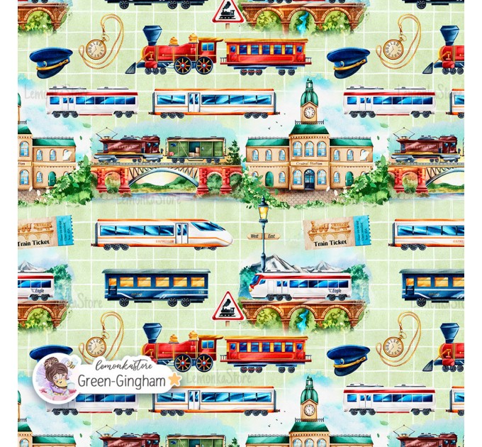Trains exclusive seamless pattern - Green Gingham