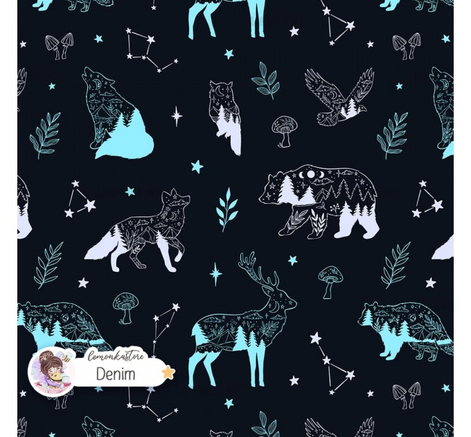 Woodland Celestials Linart seamless pattern design - Denim