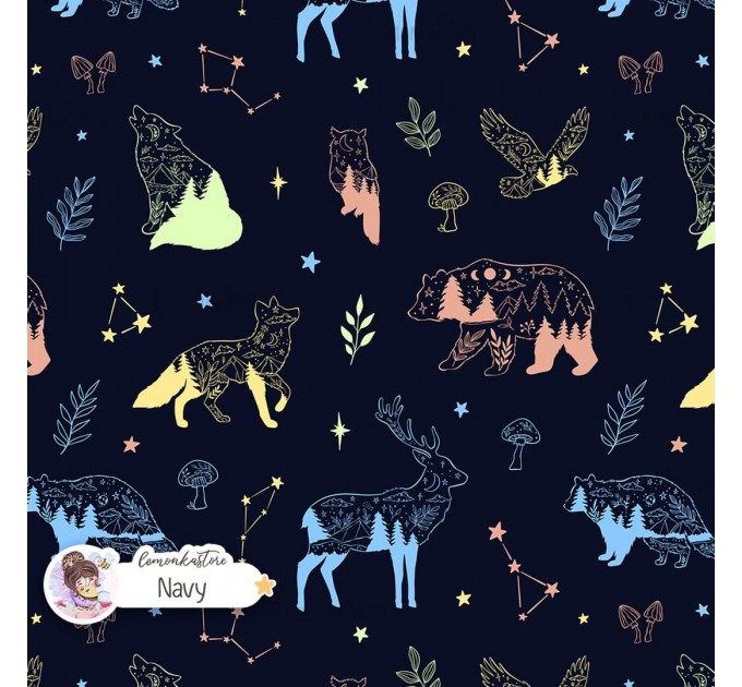 Woodland Celestials Linart seamless pattern design - Navy