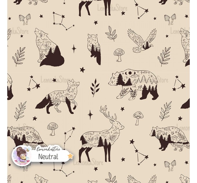 Woodland Celestials Linart seamless pattern design - Neutral