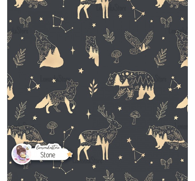 Woodland Celestials Linart seamless pattern design - Stone