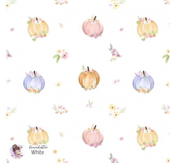Floral Pumpkins seamless pattern - White