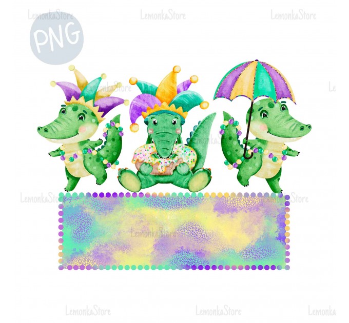 Mardi Gras Alligators with frame PNG ClipArt
