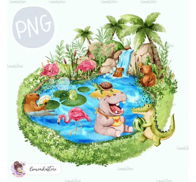  Hippopotamus and Aligator - Wildlife Park - Pond [PNG Clipart]
