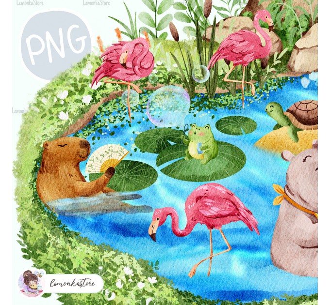  Hippopotamus and Aligator - Wildlife Park - Pond [PNG Clipart]