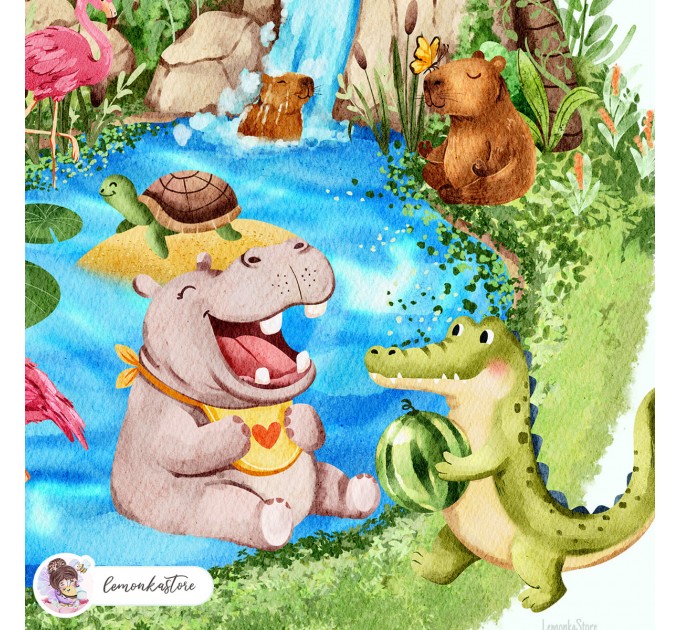  Hippopotamus and Aligator - Wildlife Park - Pond [PNG Clipart]