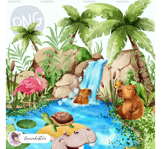  Hippopotamus and Aligator - Wildlife Park - Pond [PNG Clipart]