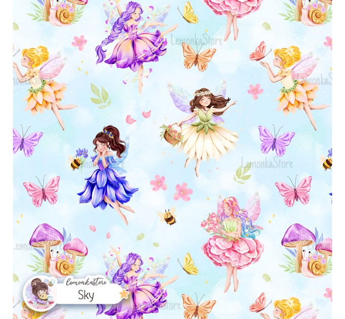 Floral Fairies exclusive seamless pattern - Sky