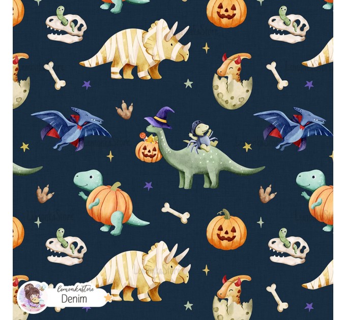 Halloween Dinosaurs exclusive seamless pattern - Denim