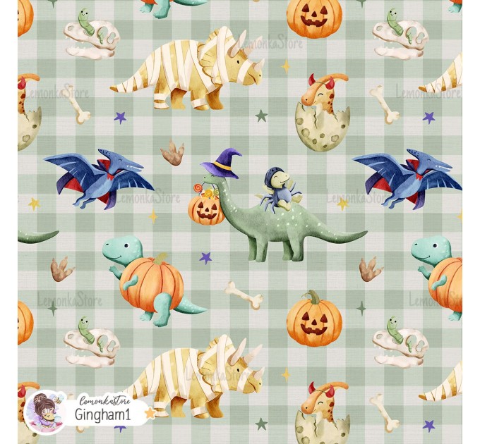 Halloween Dinosaurs exclusive seamless pattern - Gingham 1