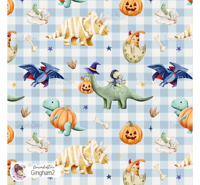 Halloween Dinosaurs exclusive seamless pattern - Gingham 2